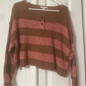 Brown and pink cropped sweater with buttons; size S; worn once, great condition